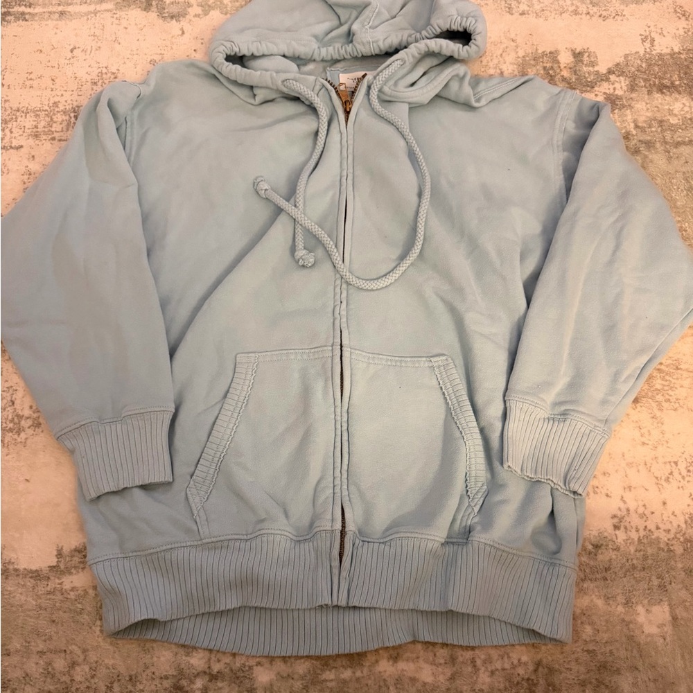 American Eagle Outfitters Light Blue Zip Hoodie with Gold Zipper